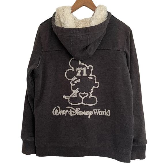 Disney Heavy Faux Fur Lined Gray Zip Up Hoodie Mickey Mouse L Cozy Trendy Chic - Picture 1 of 9
